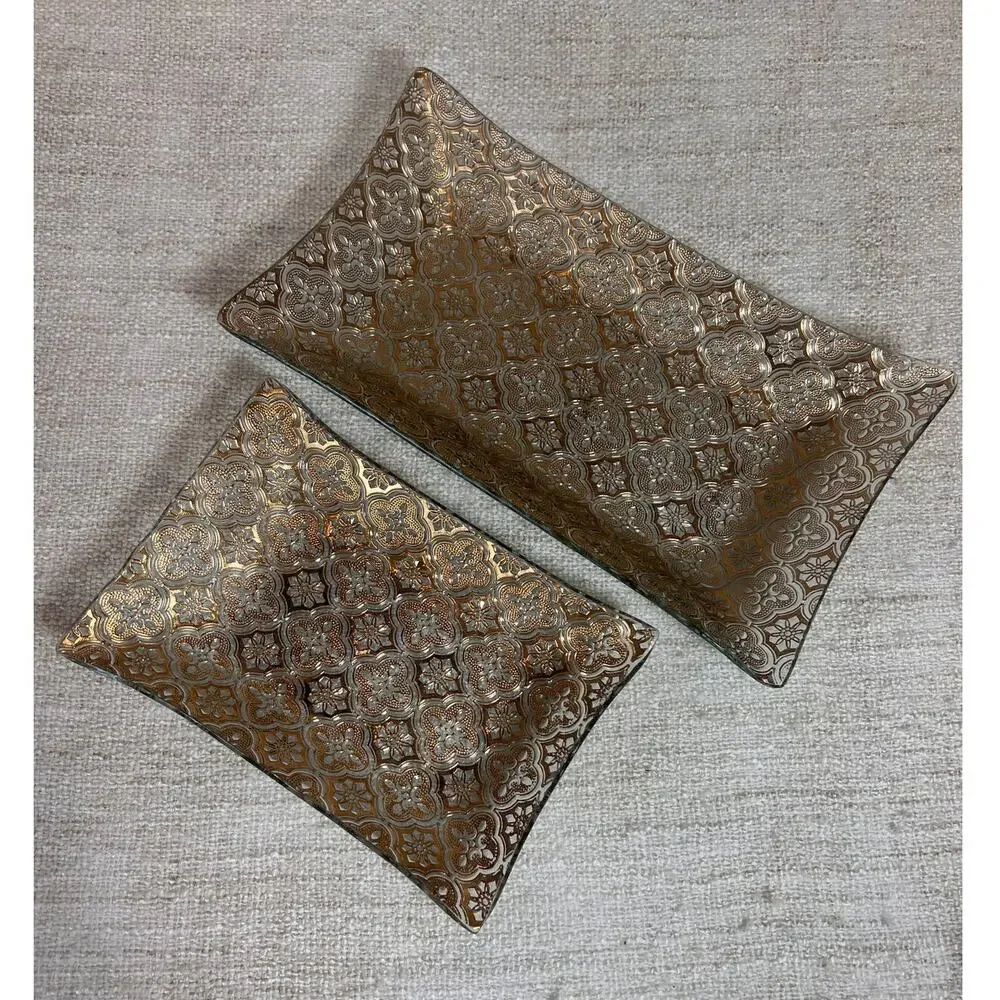 Georges Briard Iberia 22K Gold Glass Serving Barware Trays Set of 2 Vintage MCM
